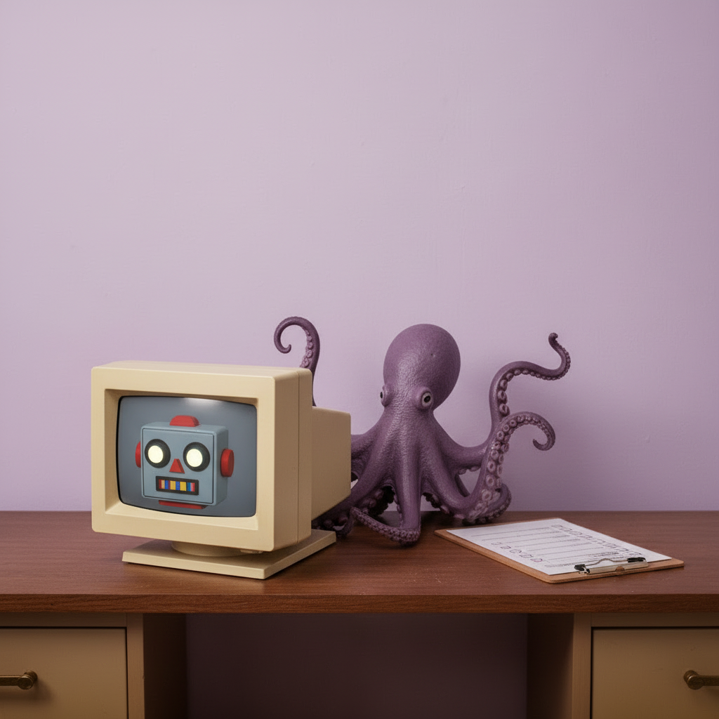 Octopus arguing with a robot on a vintage monitor