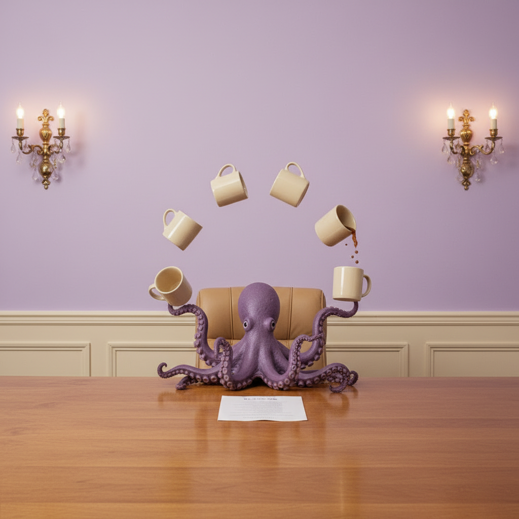 Octopus juggling eight coffee mugs at a meeting table