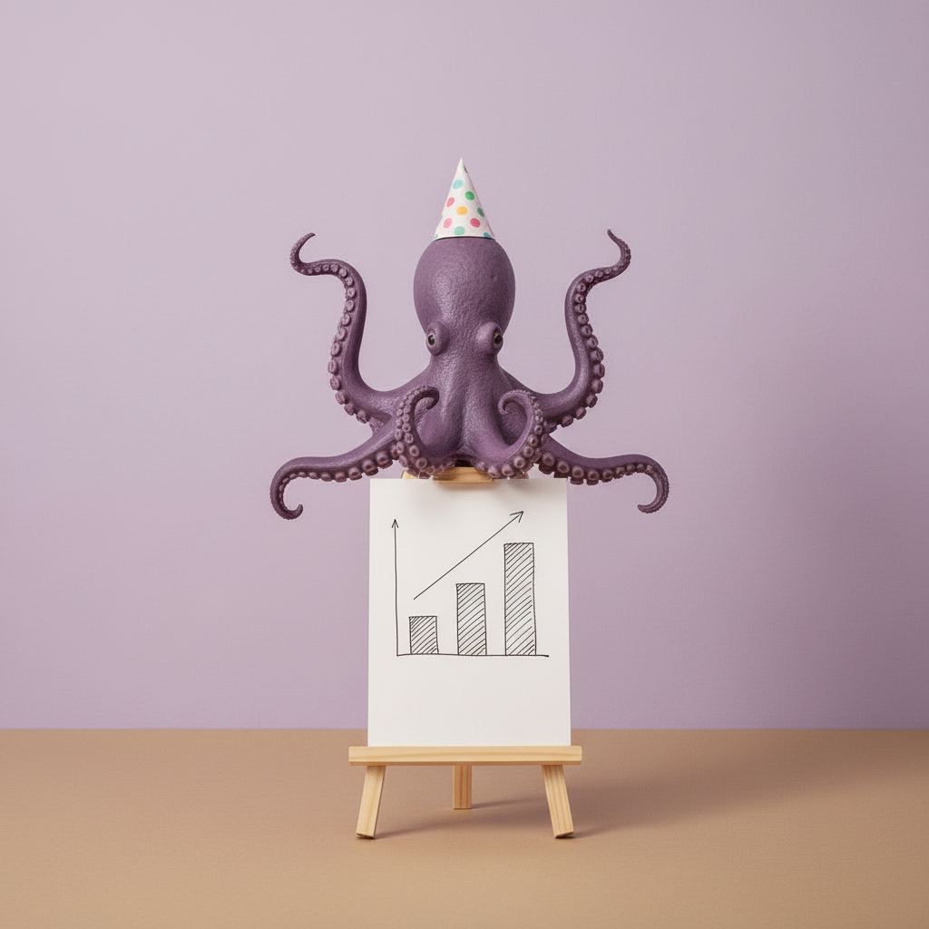 Octopus cheering at a rising bar chart