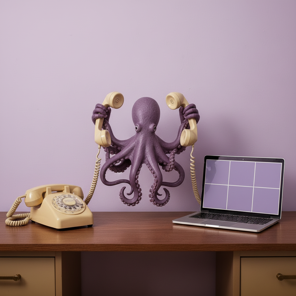Indigo the ACE octopus at a desk holding several phones