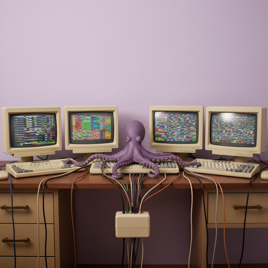 Octopus wiring three spreadsheet monitors into one hub
