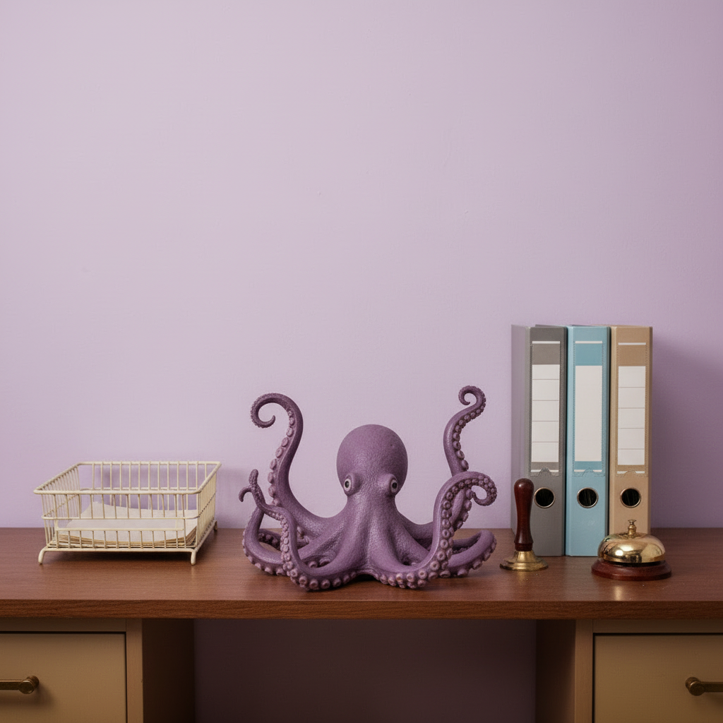 Octopus celebrating inbox zero at a tidy desk