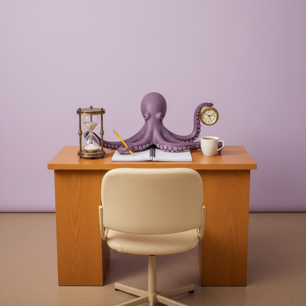 Octopus ready for a one hour meeting with an hourglass