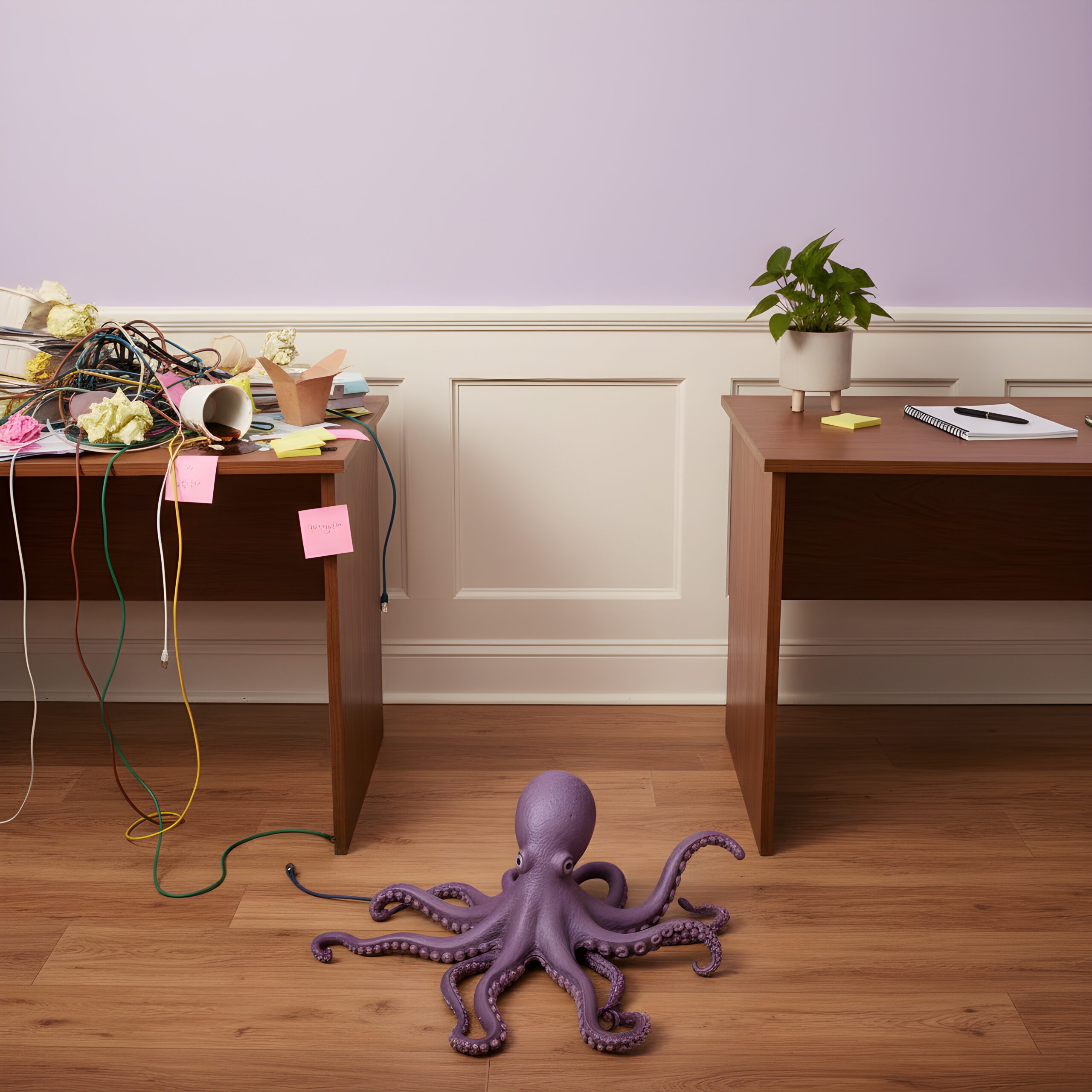 Octopus choosing between a messy desk and a tidy desk