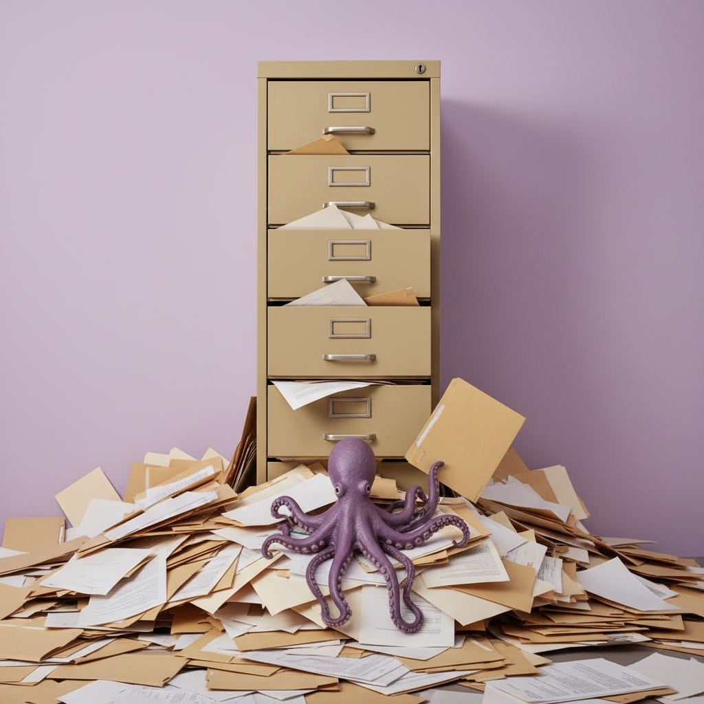 Octopus buried in a filing cabinet avalanche