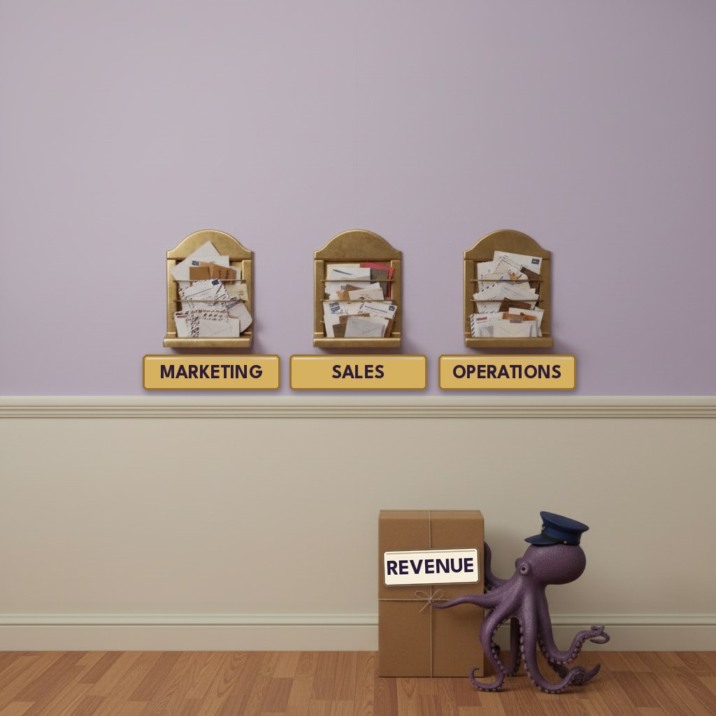 Octopus mail clerk holding a parcel marked Revenue with no mail slot to put it in