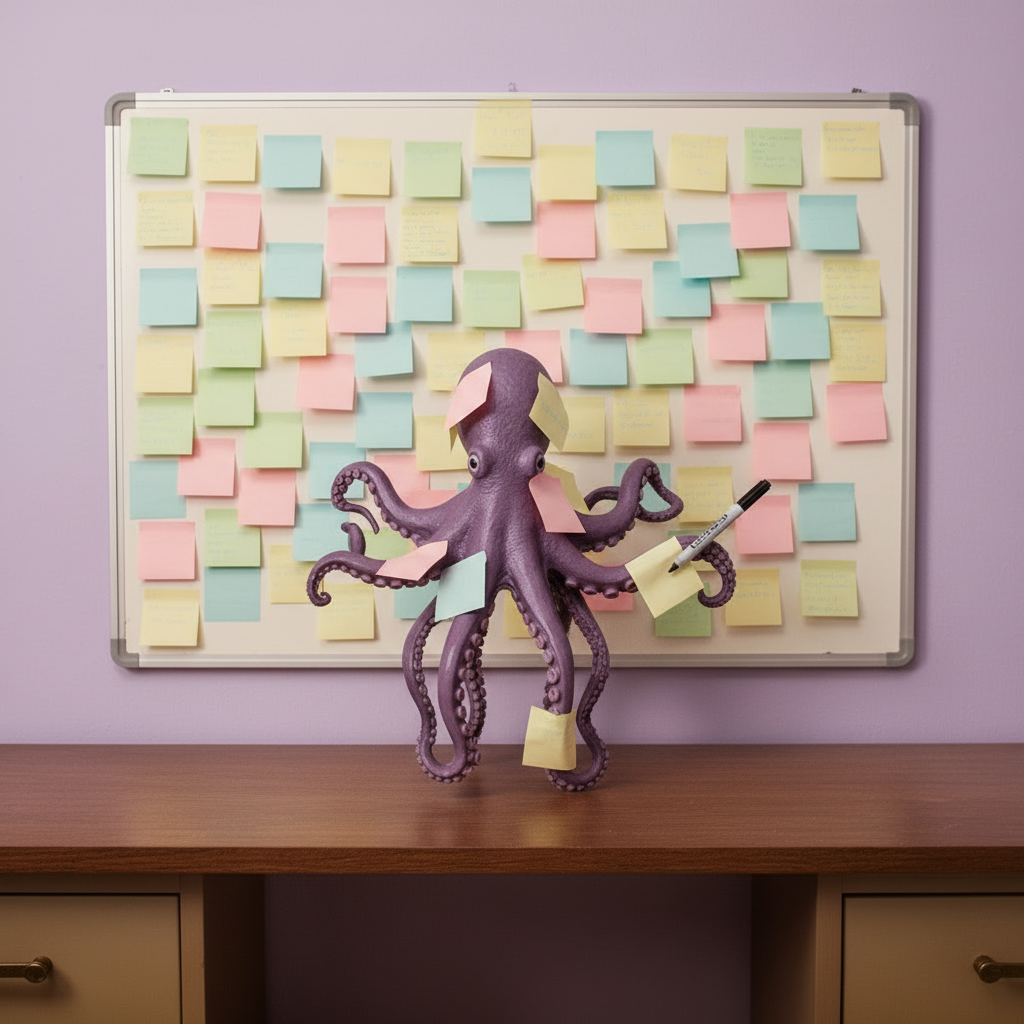 Octopus buried in sticky notes at a whiteboard